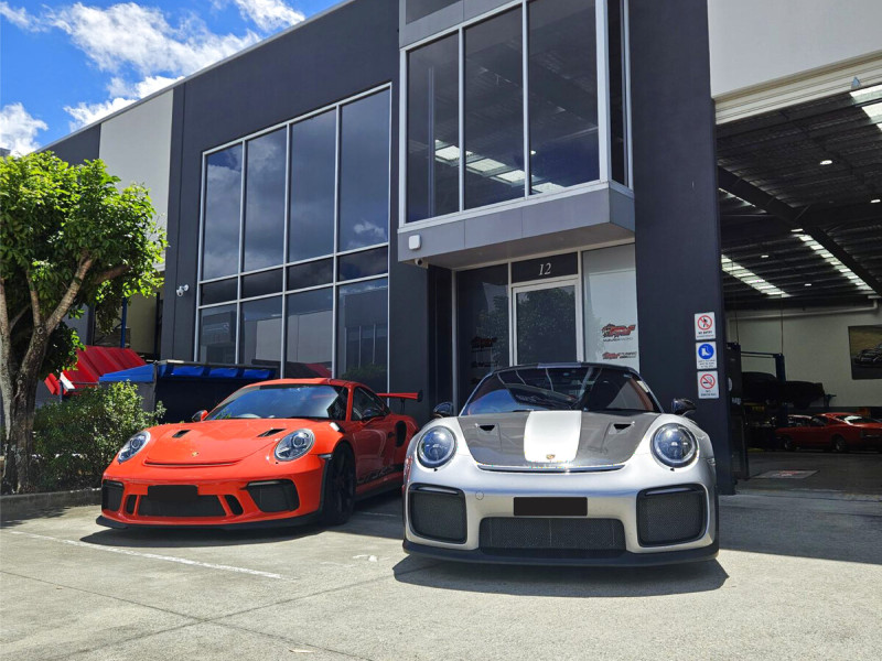 Porsche GT3 RS and 911 GT2 RS at our modern performance car workshop and service center Brisbane Gold Coast